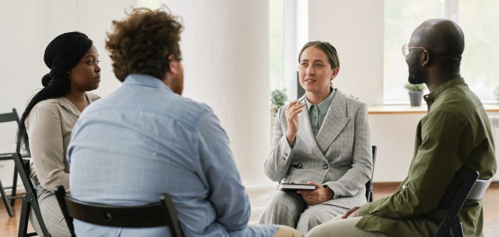 Group therapy at a Mississippi rehab for professionals and executives.