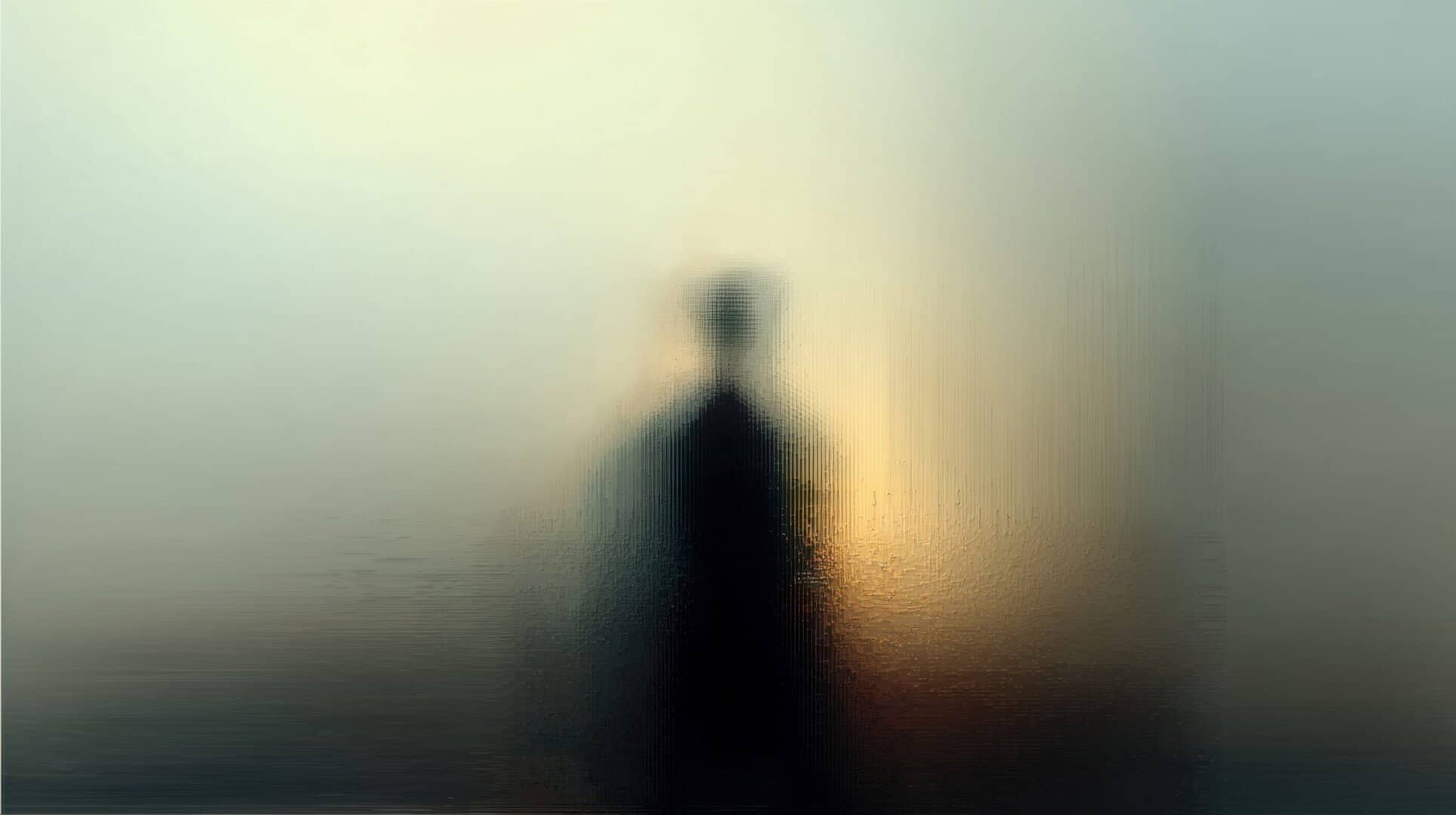 A blurred figure behind glass represents the uncertainty of gray area drinking.